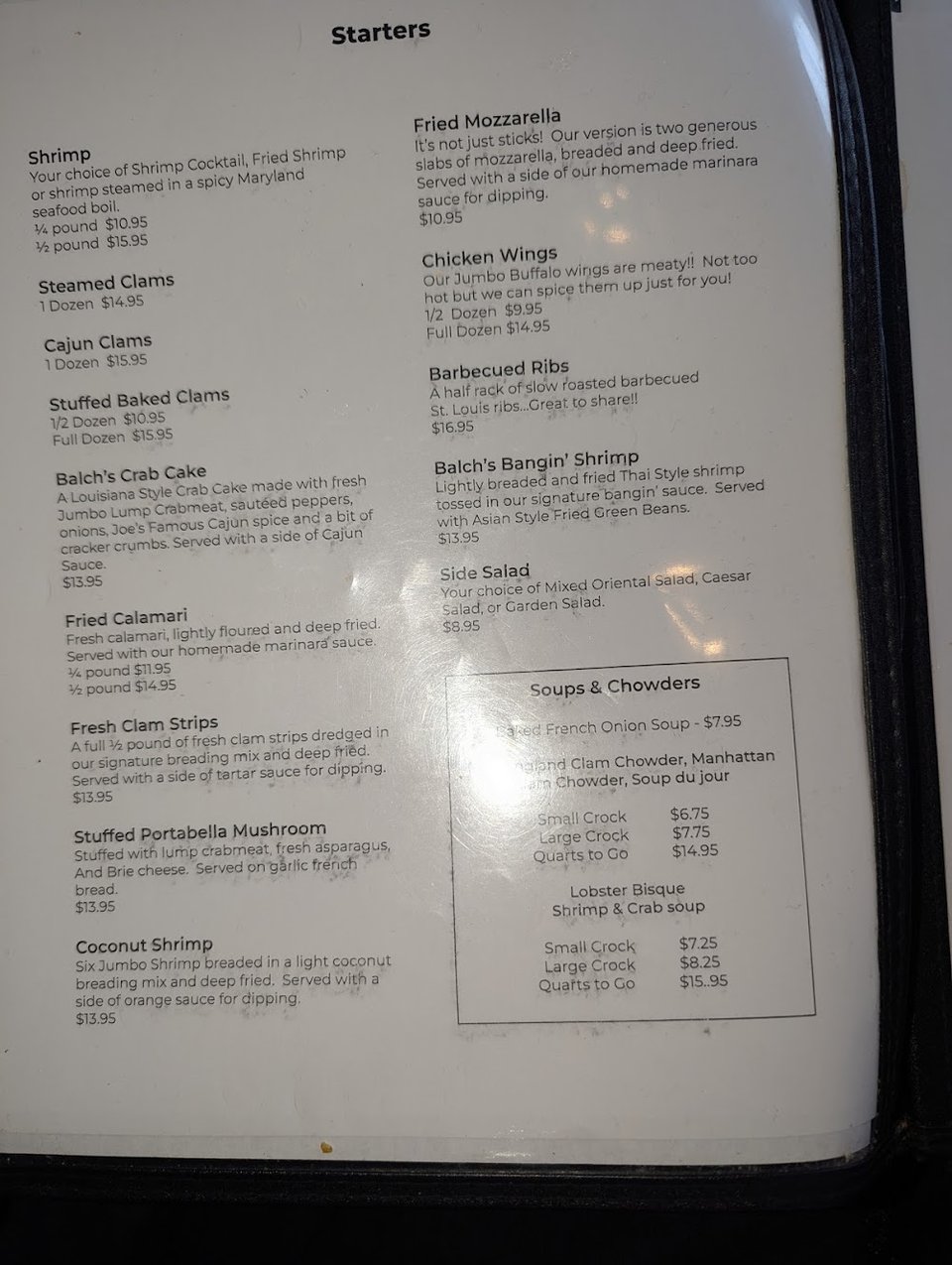 Menu page with salads and lighter fare.