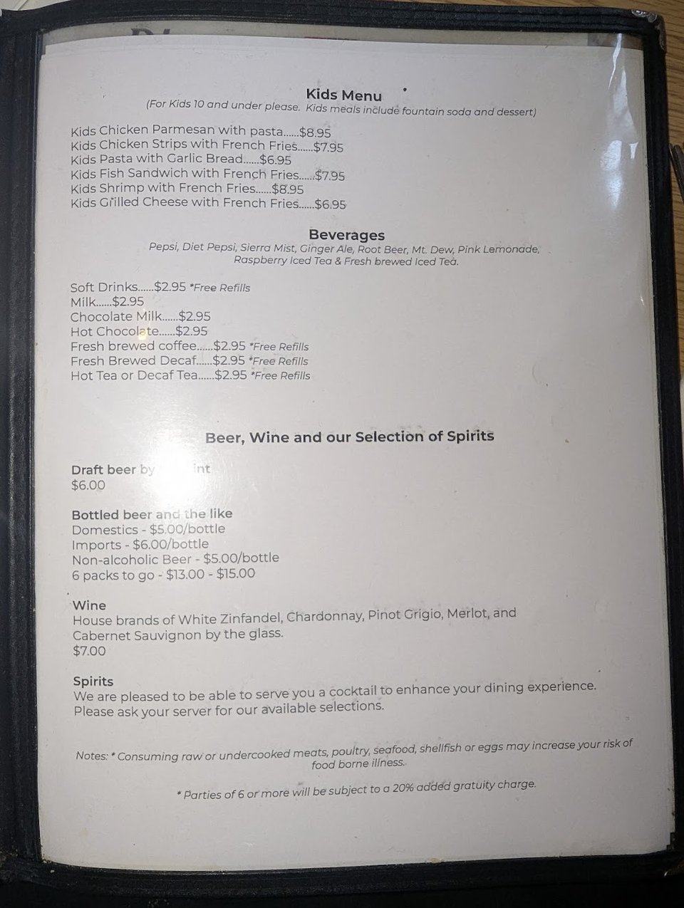 Seafood restaurant menu featuring burgers and sandwiches.