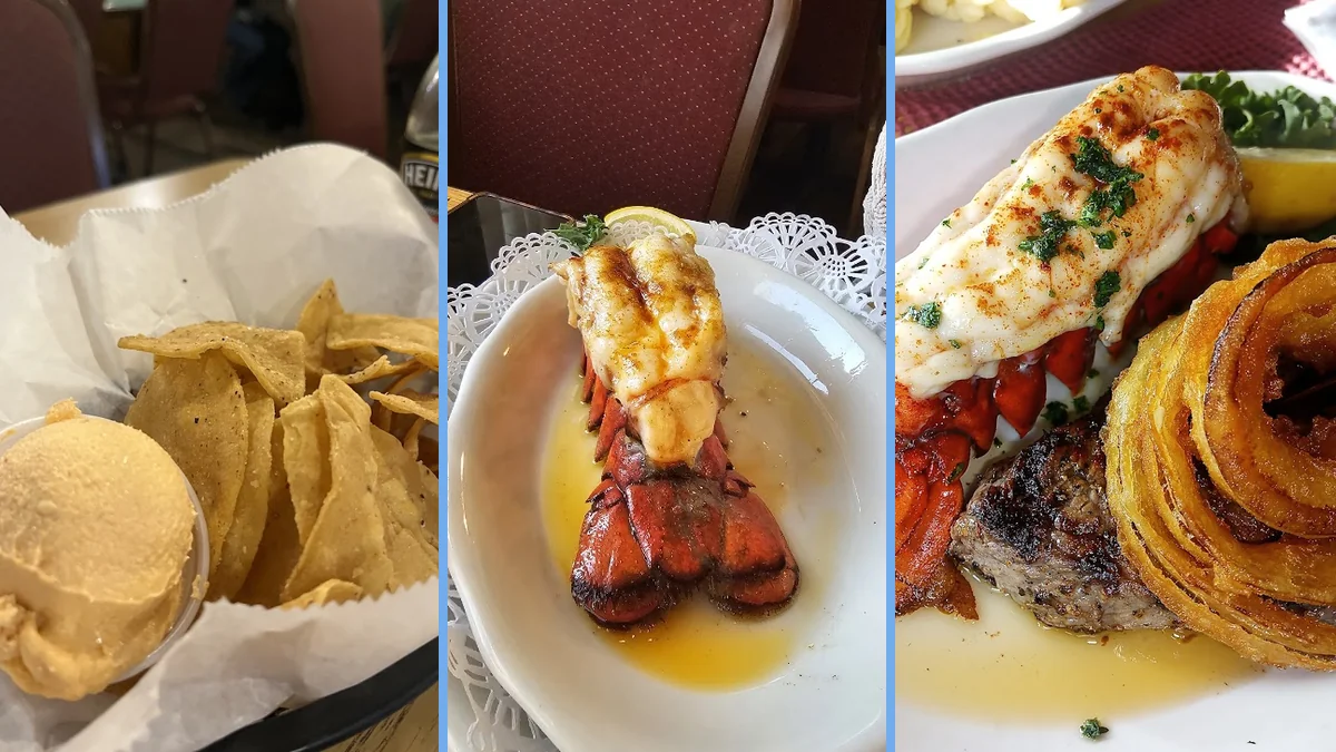 Plates of seafood dishes on a restaurant table.